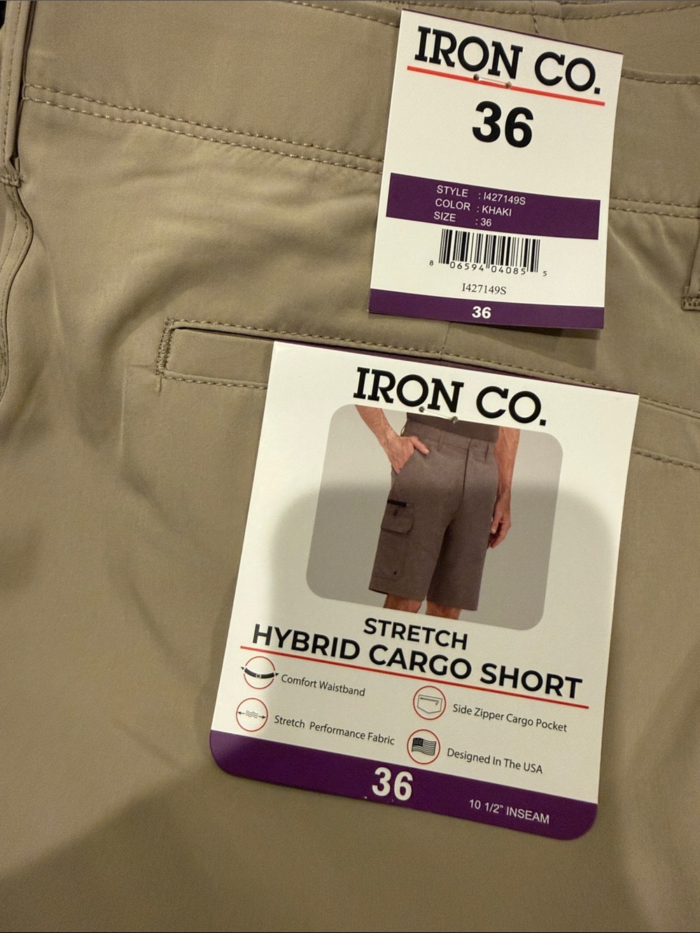 Men's Khaki Stretch Hybrid Cargo Shorts size 36 iron & co